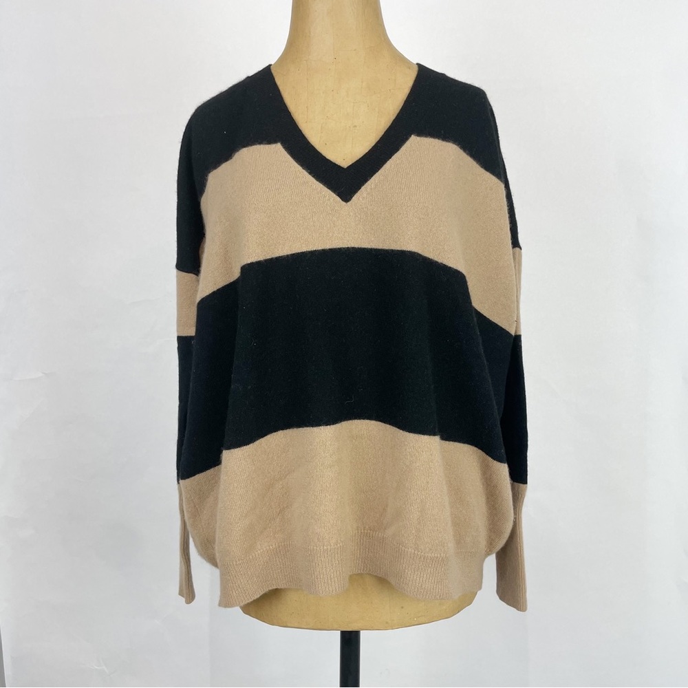 J CREW COLLECTION Cashmere “Boyfriend” Sweater in Color Block BLACK/TAN Size XS
